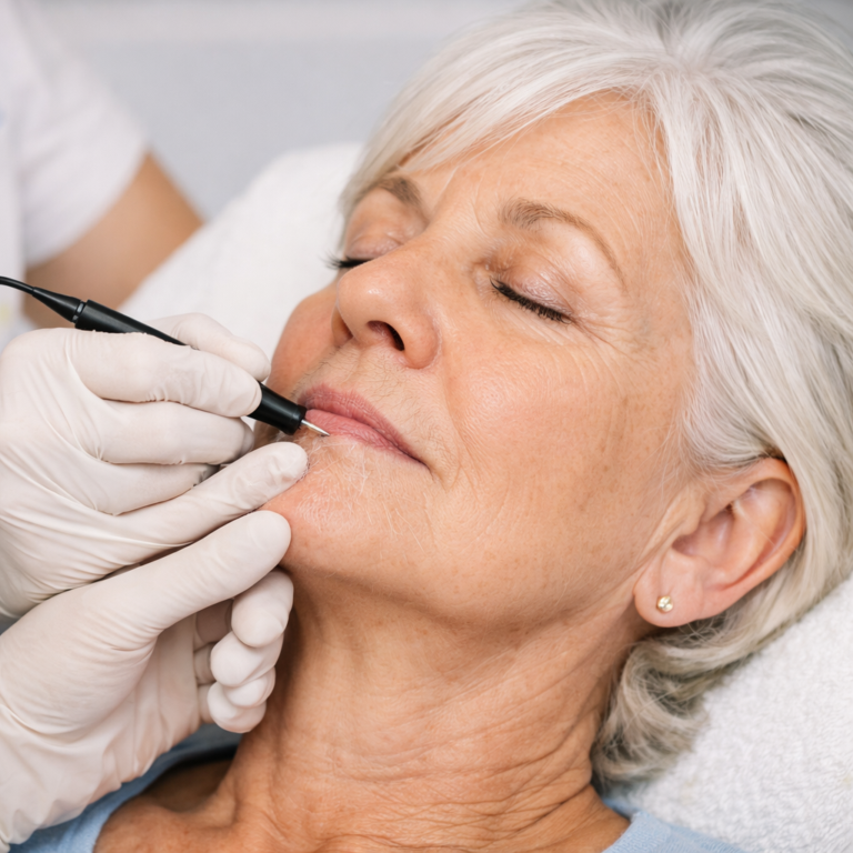 Electrolysis removing a white chin hair permanently, one hair at a time