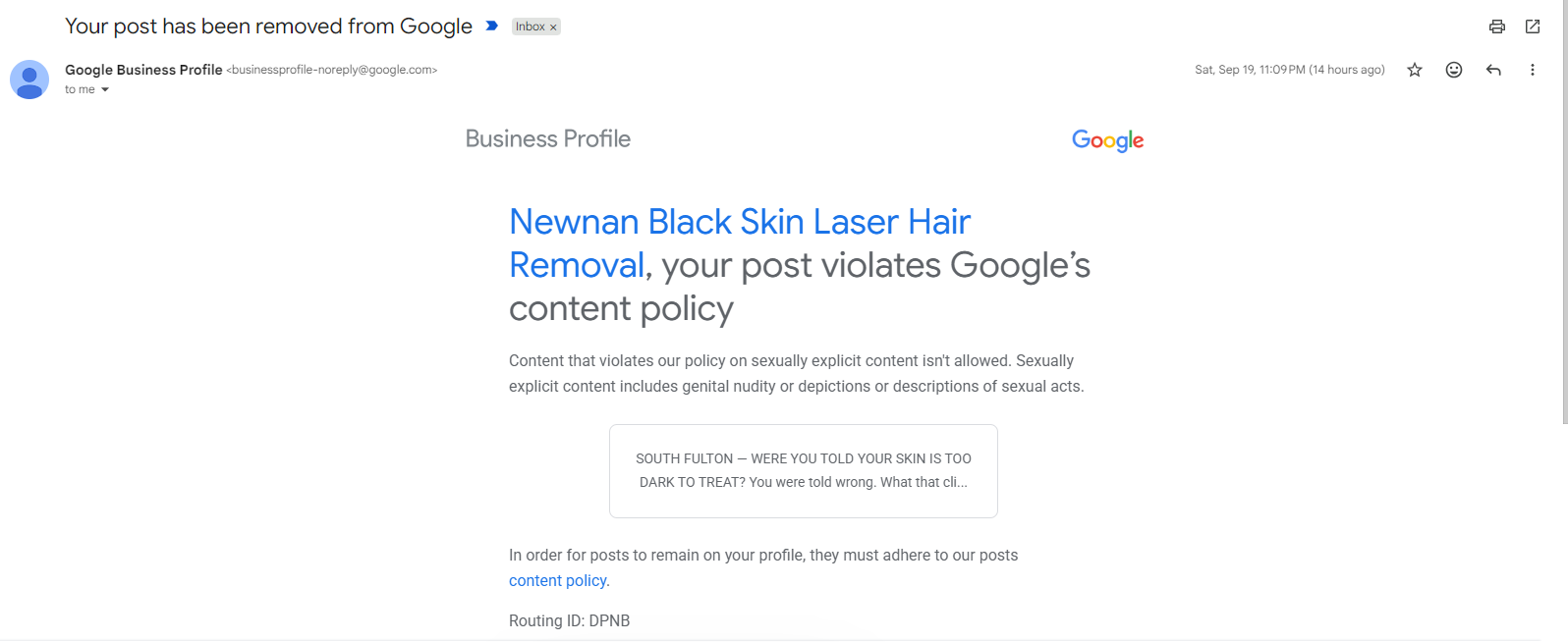 Email from Google Business Profile saying the South Fulton post violates the policy on sexually explicit content, which it defines as genital nudity or depictions or descriptions of sexual acts.