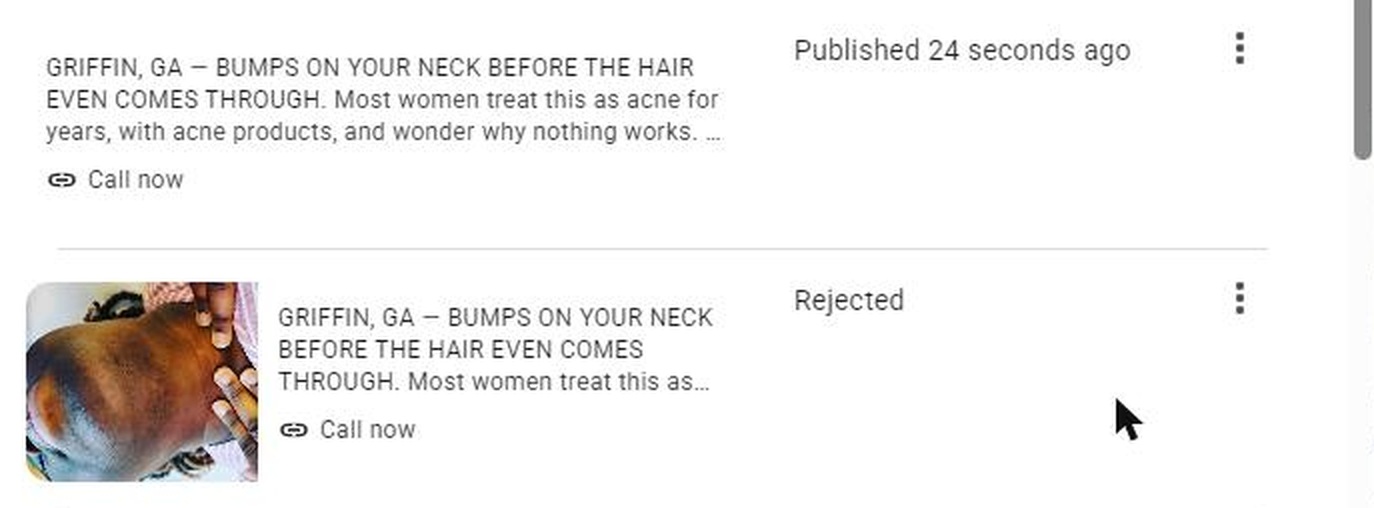 Two identical Google Business Profile posts. The one with no photograph is marked Published 24 seconds ago. The one with a photograph of a Black client's neck is marked Rejected.