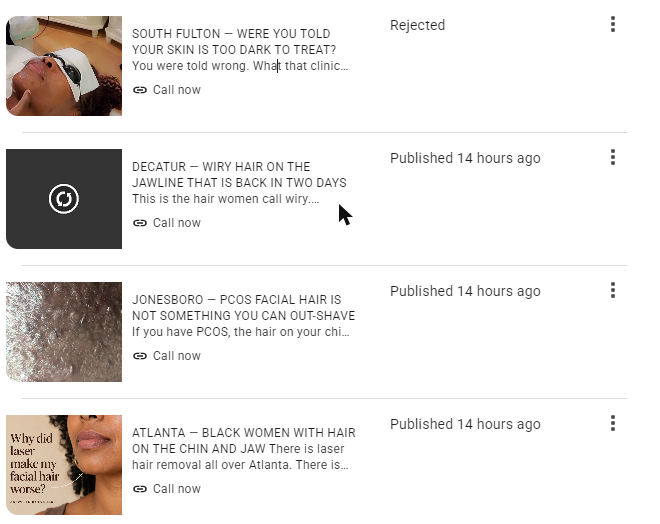 Google Business Profile posts list on 20 September 2026. The South Fulton post, showing a Black client being treated, is marked Rejected. The three posts directly below it are marked Published 14 hours ago.