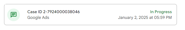 A Google support case opened on 2 January 2025, still showing the status In Progress.