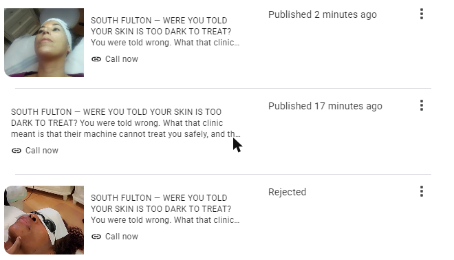 Three identical South Fulton posts on the same Google Business Profile. With a light-skinned client's photograph: Published 2 minutes ago. With no photograph: Published 17 minutes ago. With a Black client's photograph: Rejected.